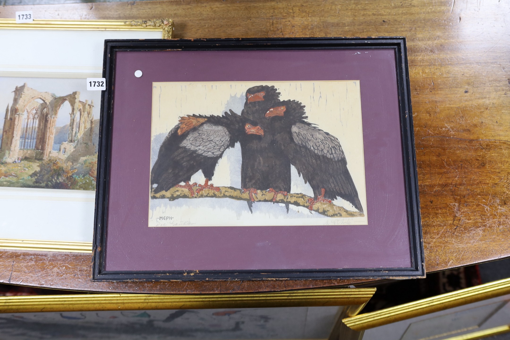 Martin Erich Phillipp (1887-1978), colour woodcut, 'Three bataleurs', signed and dated 1914, 25 x 36cm